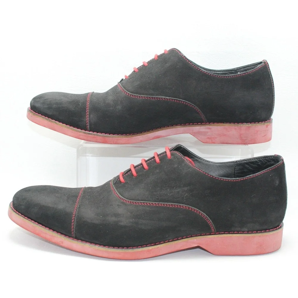 Donald J Pliner Mens Black Suede Red Contrast Cap Toe‎ Oxford Shoes Size 10